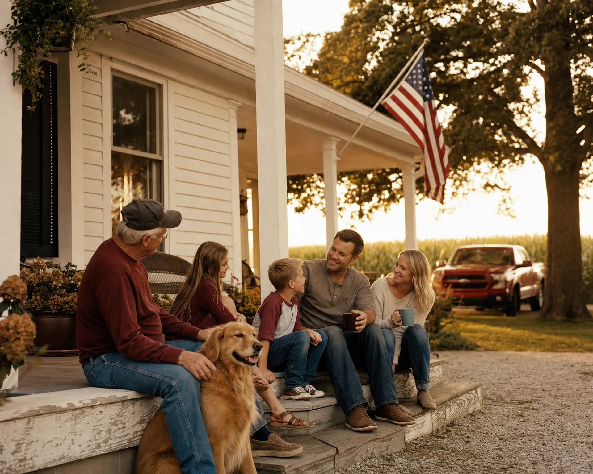 A family on the porch of their Iowa home at golden hour